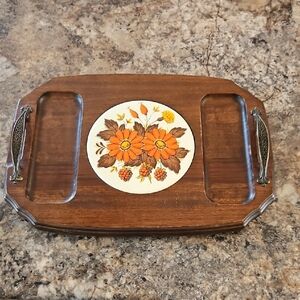 Vintage 1970s Wooden Cheese Board Serving Tray with Floral‎ Design